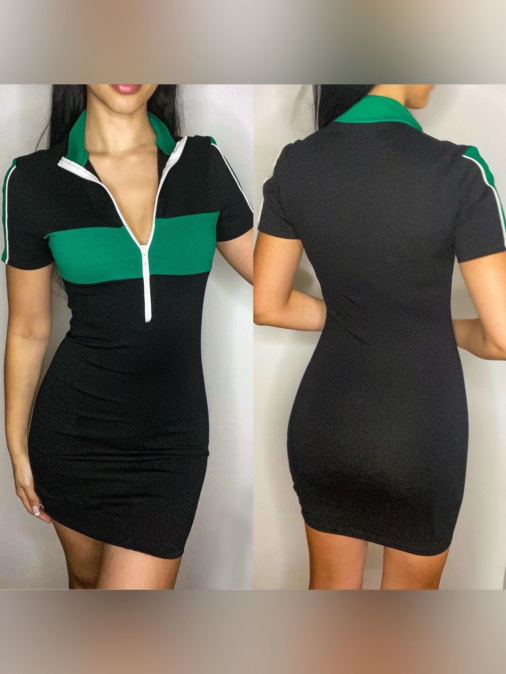 Fashion Nova Black and Green Zip-Front Mini Dress